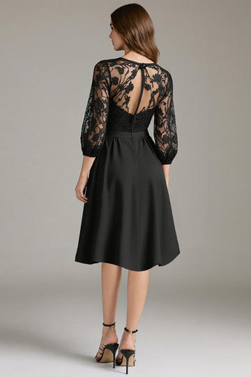 Black Lace A Line Round Neck Short Cocktail Dress with Sleeves